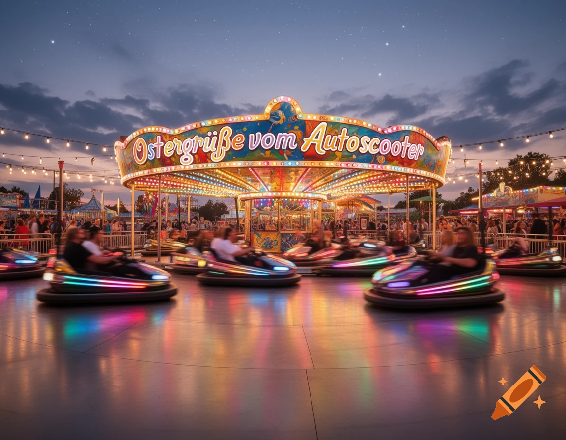 People ride colorful bumper cars at a lively amusement park under a starry night sky, with a sign reading "Ostergrüße vom Autoscooter".
