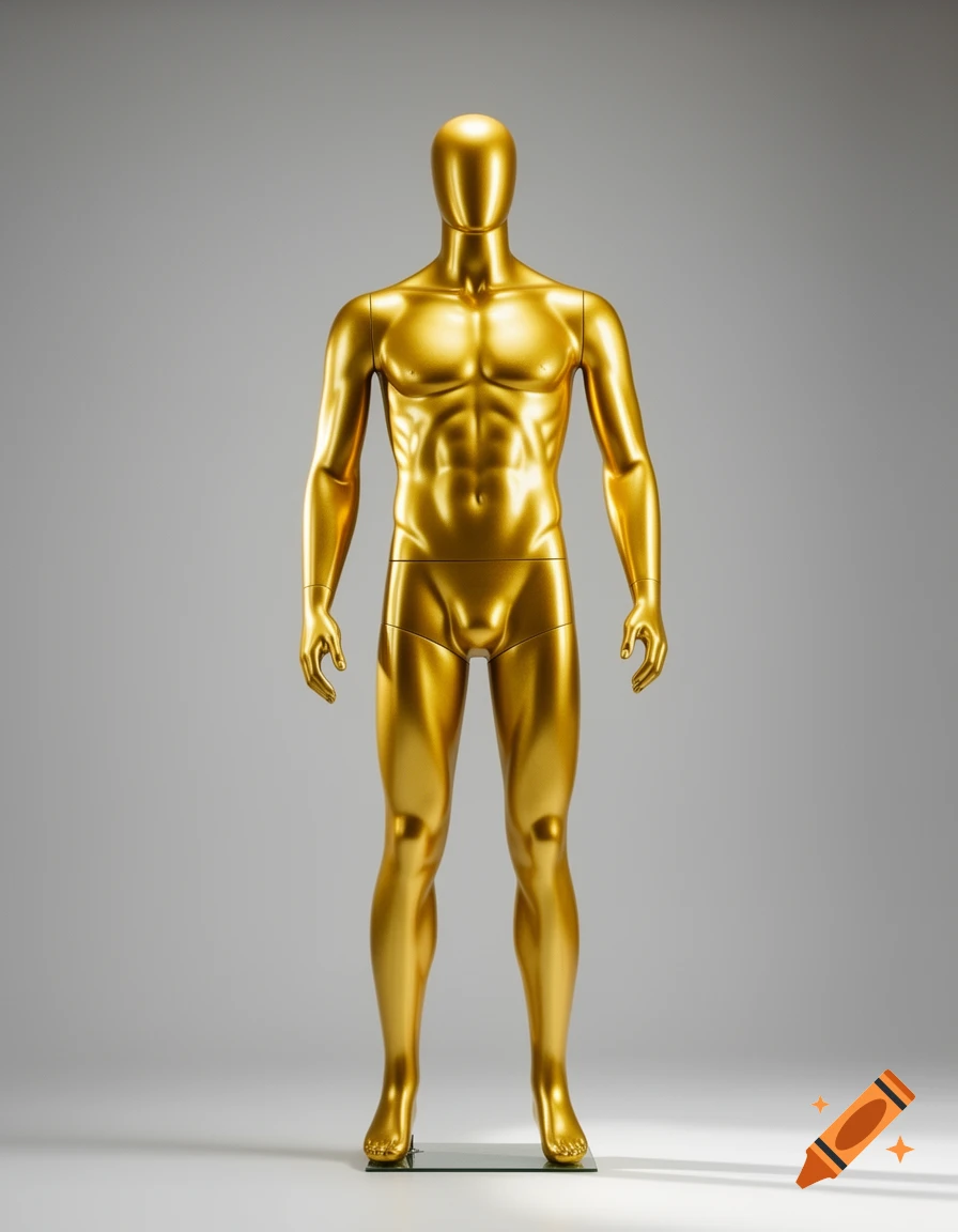 Full body shimmery yellow gold male mannequin standing on a clear base against a gray background.