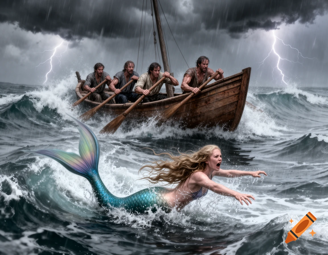 A mermaid struggles in stormy seas as four men row a wooden boat under a lightning-filled sky.