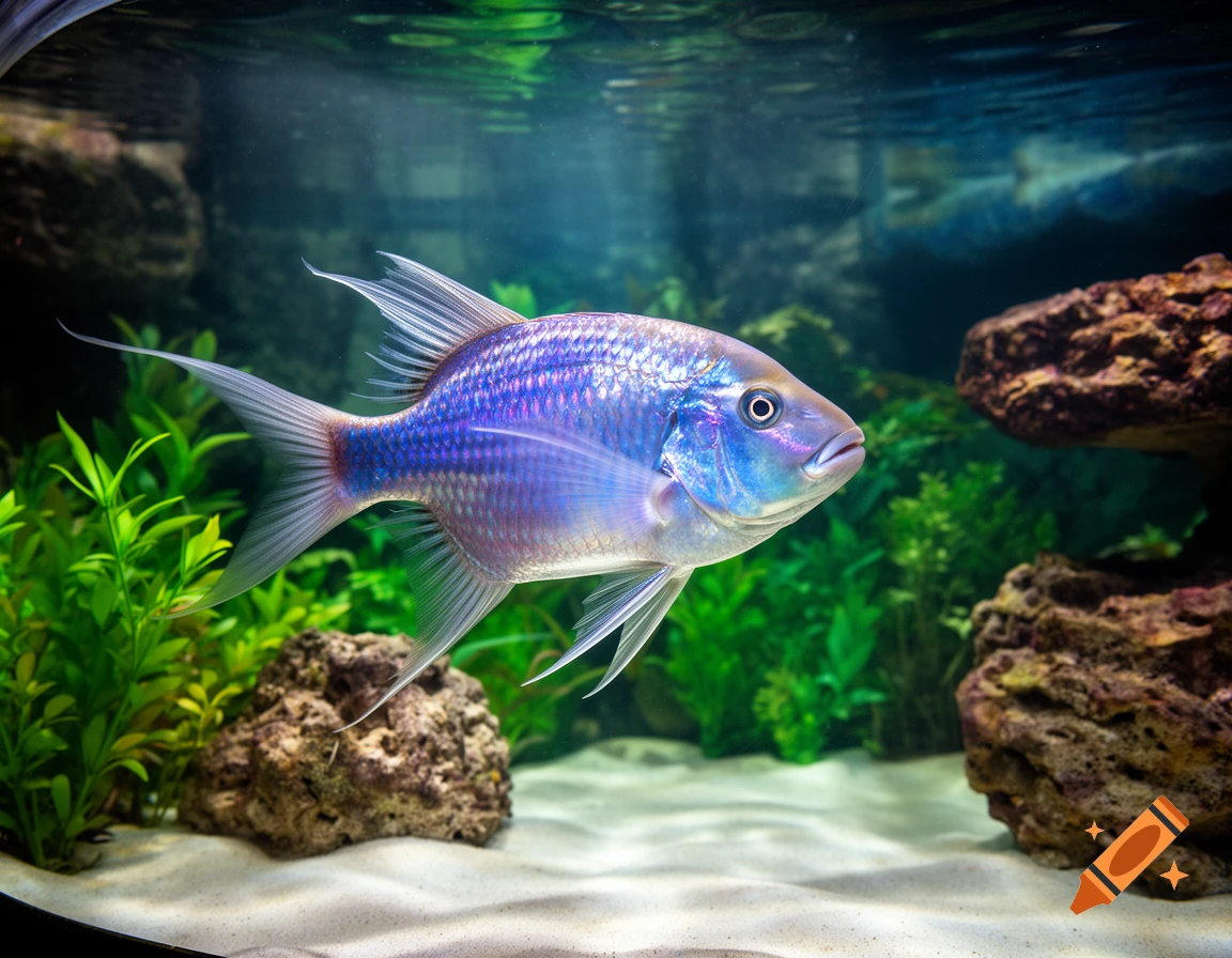 A vibrant, iridescent blue and purple fish swims in a clear aquarium with green plants and rocks.