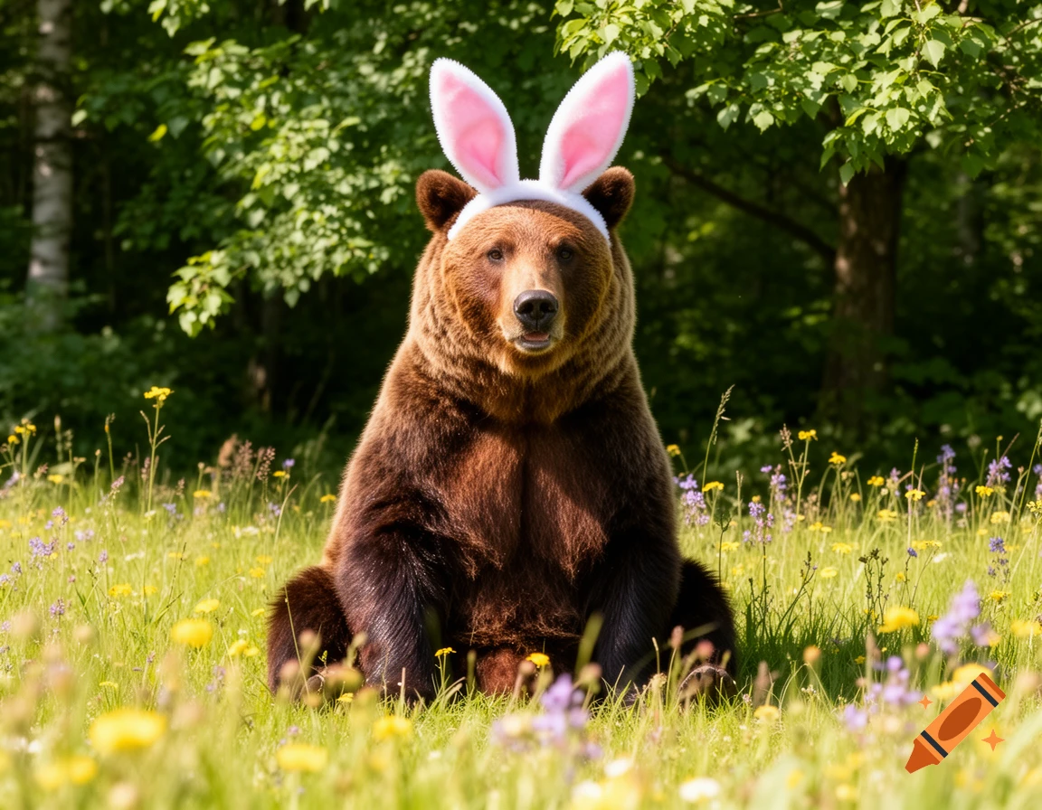 Photorealistic brown bear wearing pink Easter bunny ears, sitting in a sunny field with wildflowers and green trees.