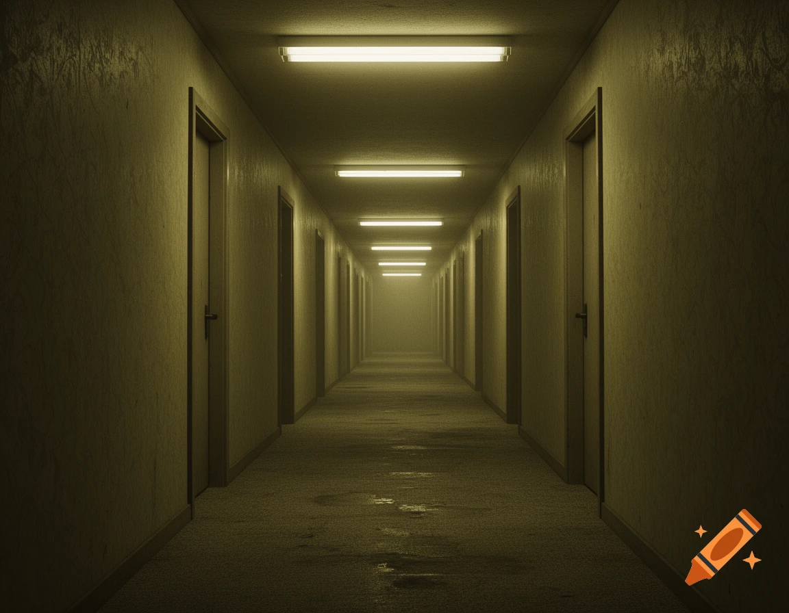 A long, dimly lit, yellow-toned corridor with numerous closed doors on either side, fading into a misty distance under fluorescent lights.