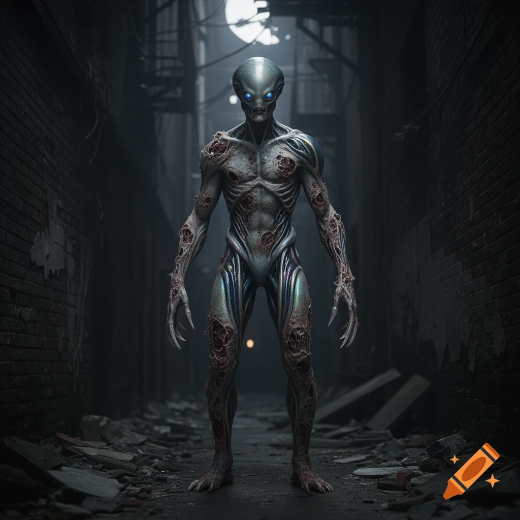 A grotesque zombie-alien hybrid with glowing blue eyes and exposed flesh stands in a dark, trash-strewn alleyway.