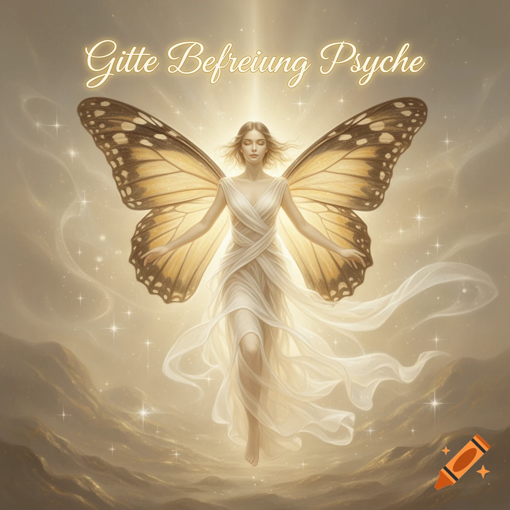 Ethereal woman with butterfly wings and white dress floating in a glowing landscape, text "Gitte Befreiung Psyche".