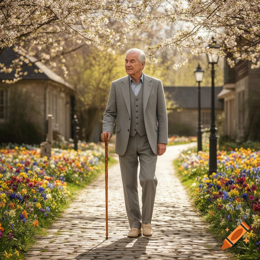 An elderly man in a suit walks with a cane on a cobblestone path lined with colorful flowers under blooming trees.