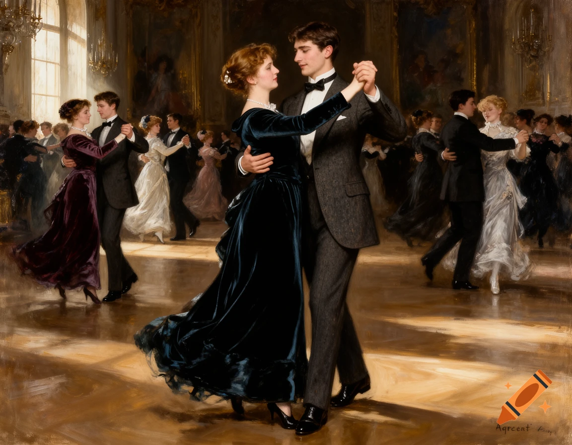 Oil painting of elegant couples waltzing in a grand Edwardian ballroom.