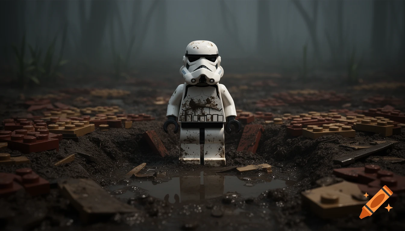 A muddy LEGO Stormtrooper stands in a swampy trench, surrounded by scattered LEGO bricks and reflective puddles in a foggy, dark atmosphere.