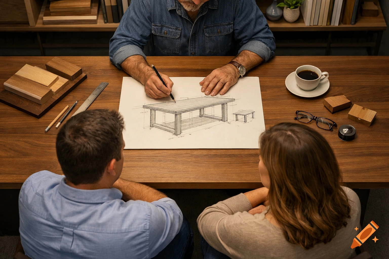 A top-down shot of a furniture designer sketching a table for two clients in an office, photorealistic style.