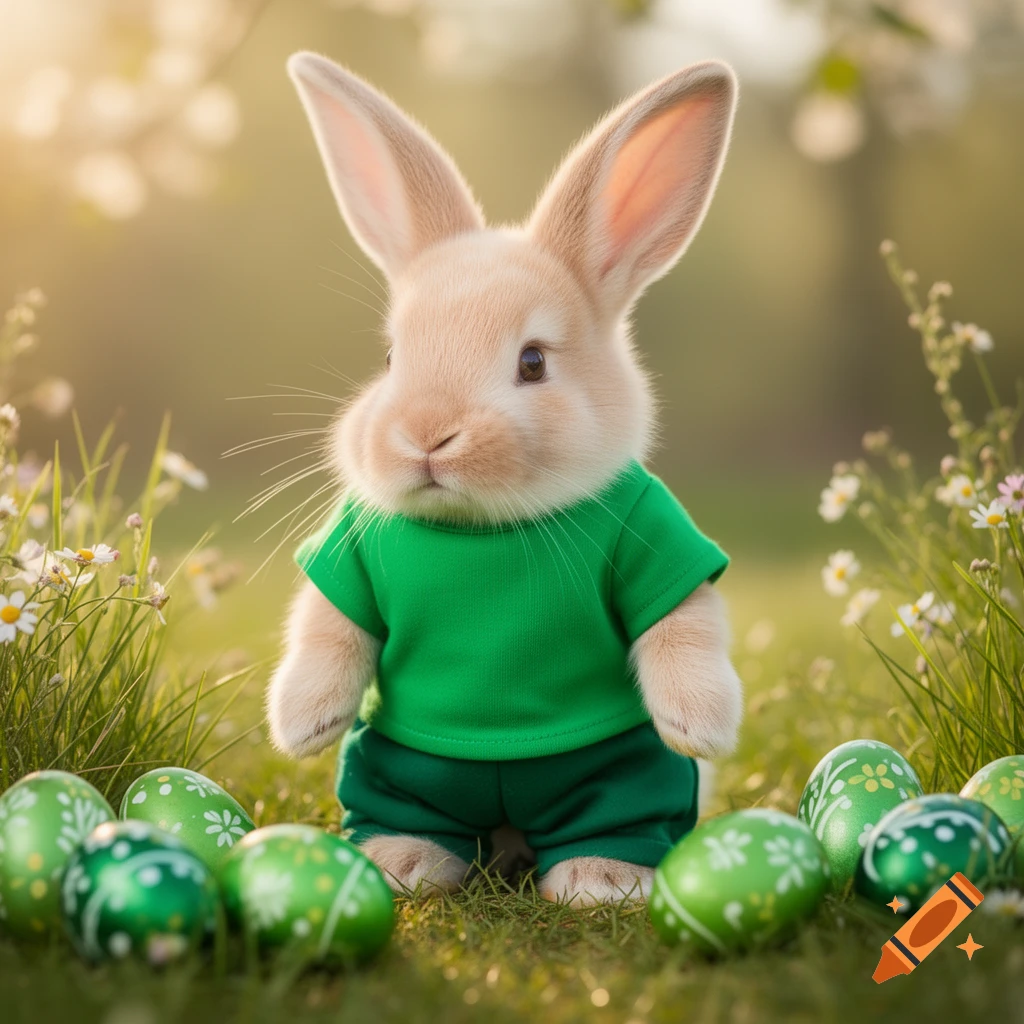 A cute light brown rabbit in a green shirt and shorts stands among green decorated Easter eggs in sunny grass.