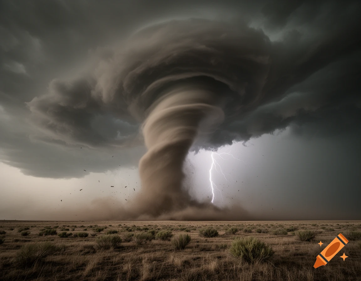 A powerful tornado swirls from dark, stormy clouds above a dry field, with a bolt of lightning striking behind it.