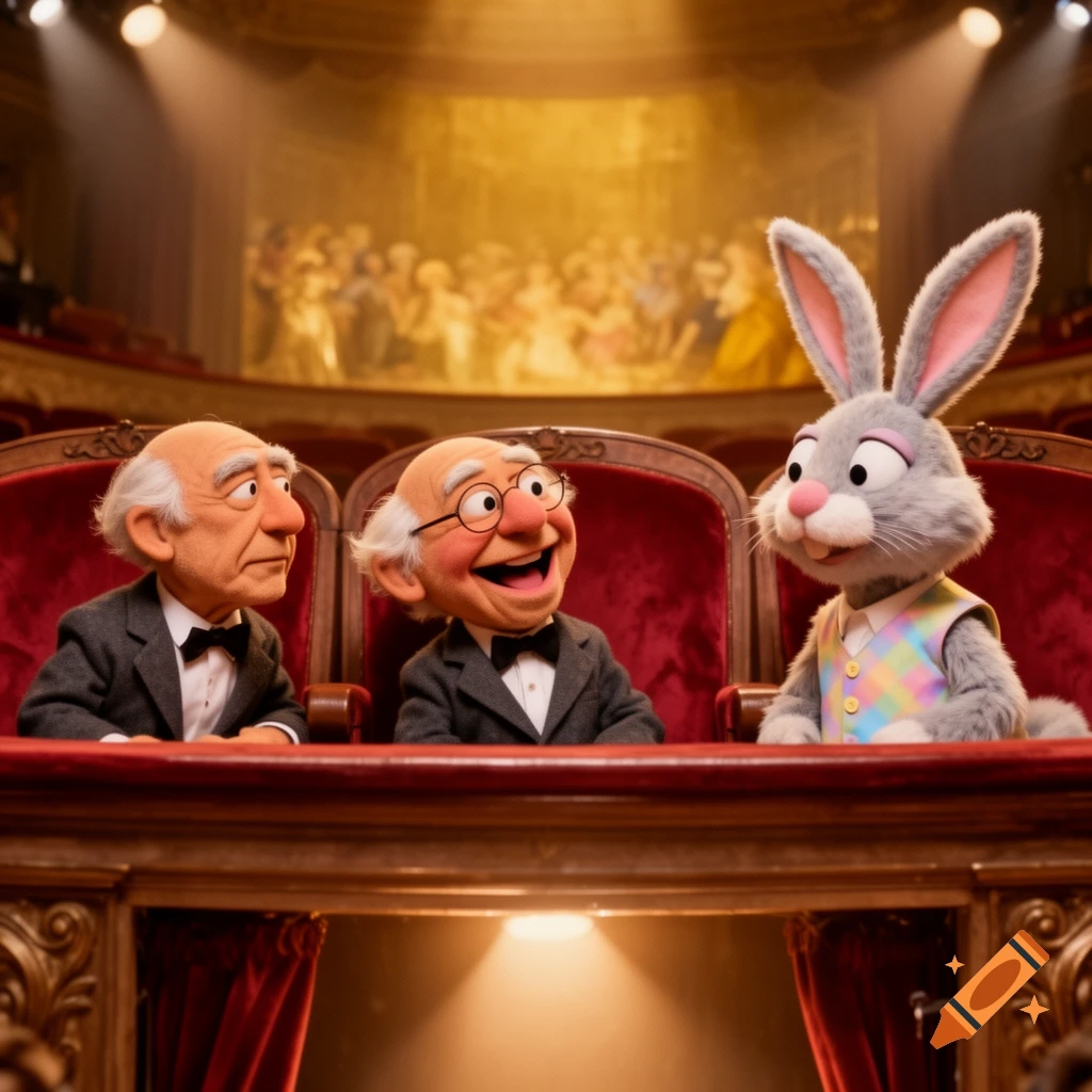 Statler and Waldorf puppets and an Easter bunny puppet watching a performance from a theater box.