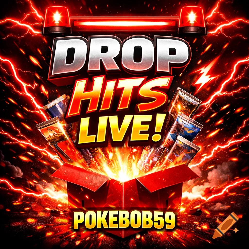 Energetic promotional graphic featuring a red box exploding with light and trading card boosters, surrounded by red lightning, siren lights, and the text 'DROP HITS LIVE! POKEBOK59'.
