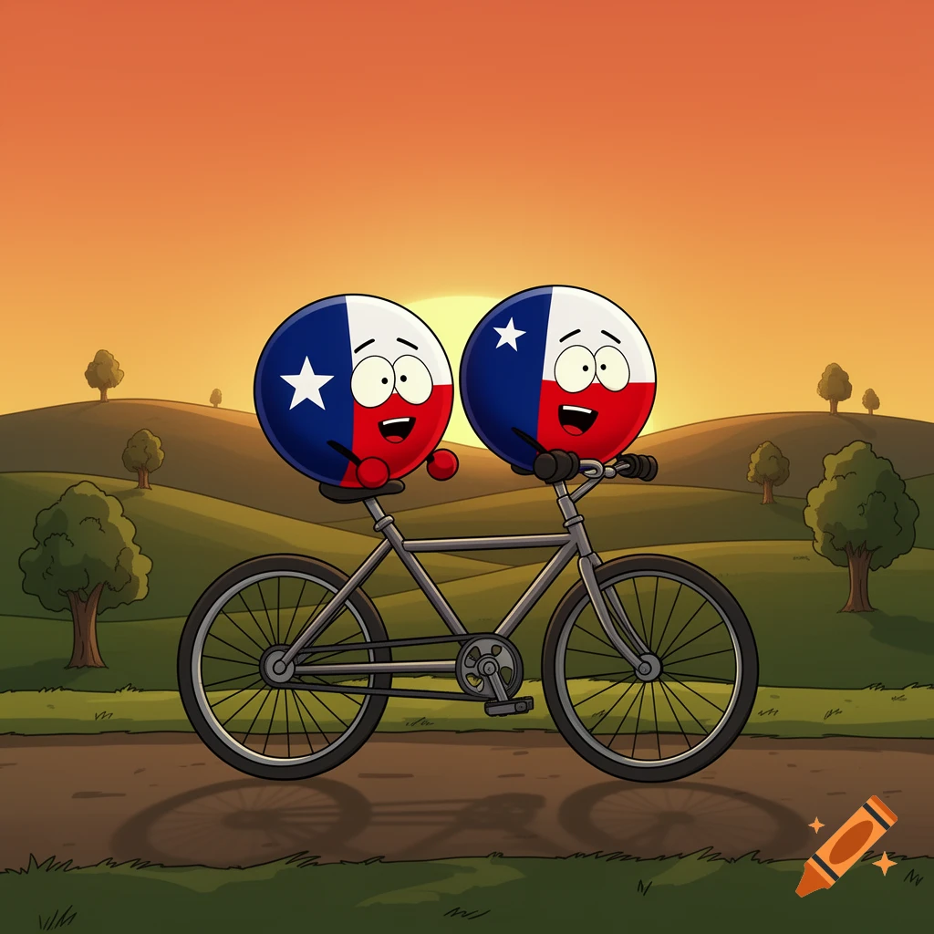 Two cartoon countryball characters, one Texas and one Chile, happily ride a tandem bicycle down a road at sunset, South Park style.