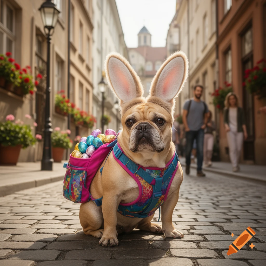 A French bulldog with large bunny ears wears a colorful backpack filled with Easter eggs while sitting on a cobblestone street with buildings in the background.