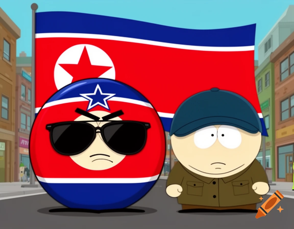 A North Korea countryball with sunglasses and an angry expression stands next to Eric Cartman in a South Park style, with a North Korean flag flying in the background on a city street.