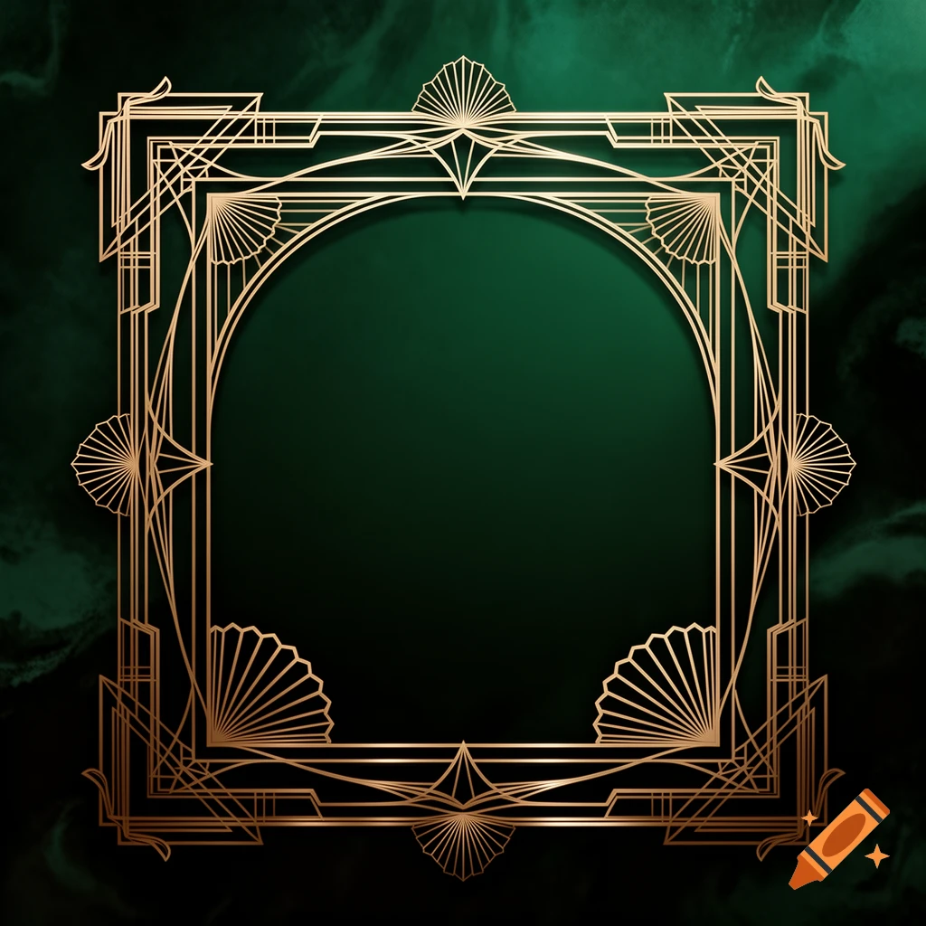 Ornate gold Art Deco frame with intricate geometric patterns on a dark emerald green marbled background.
