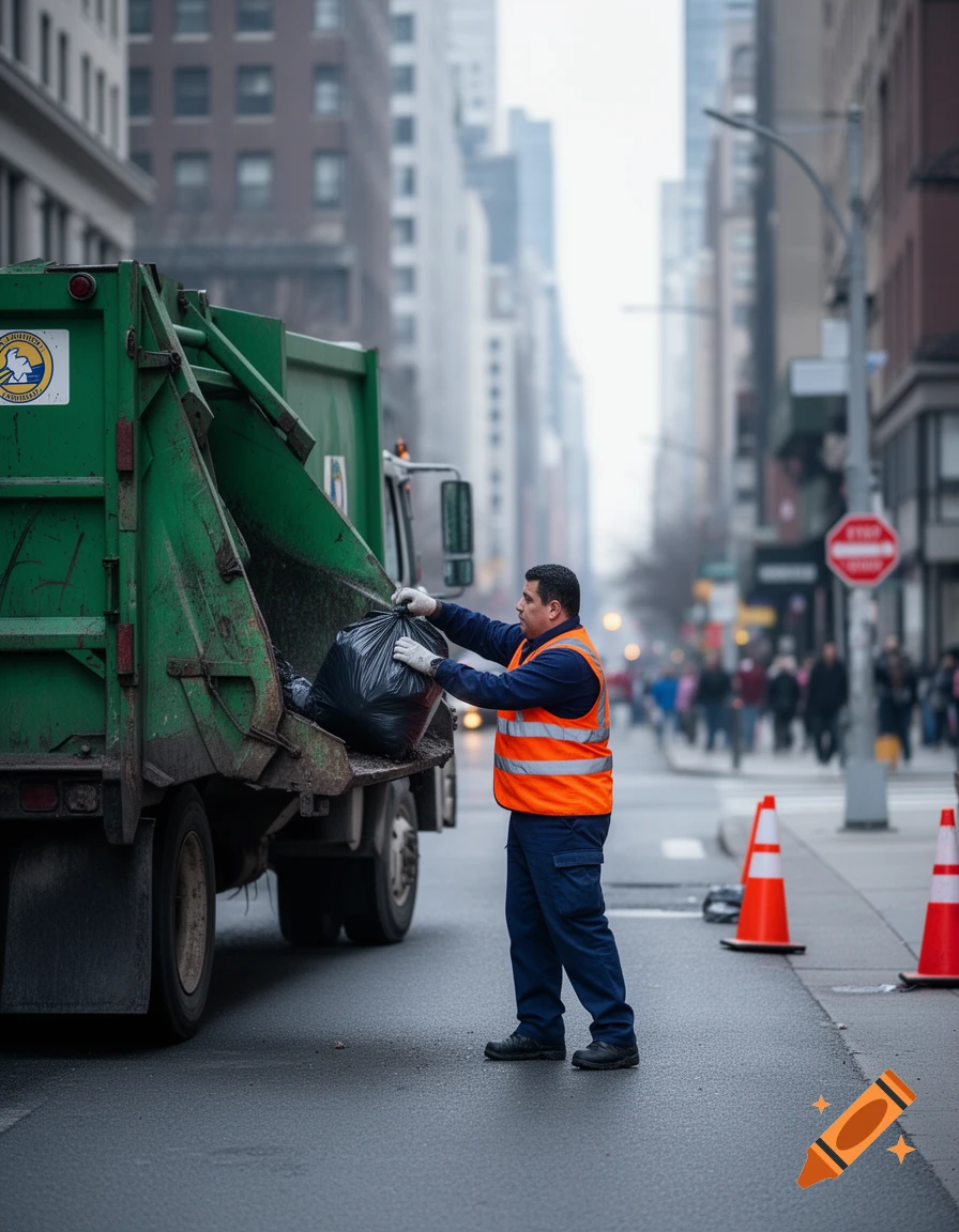 A photorealistic image of a sanitation worker in an orange vest and blue uniform loading a black trash bag into a green garbage truck on a city street.