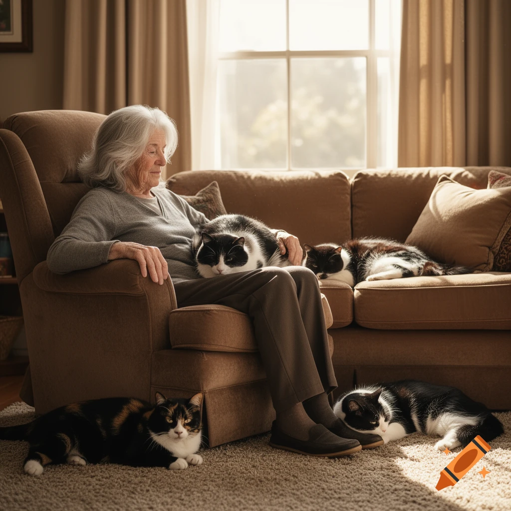 An elderly woman with gray hair sits in a brown armchair, gently touching a black and white cat on her lap. Three other cats, two black and white and one calico, sleep or relax on the adjacent couch and a rug in a sunlit living room.