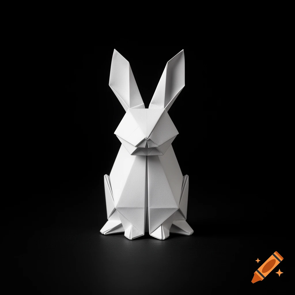 A white origami rabbit with clean, sharp folds, centered on a pure black background.