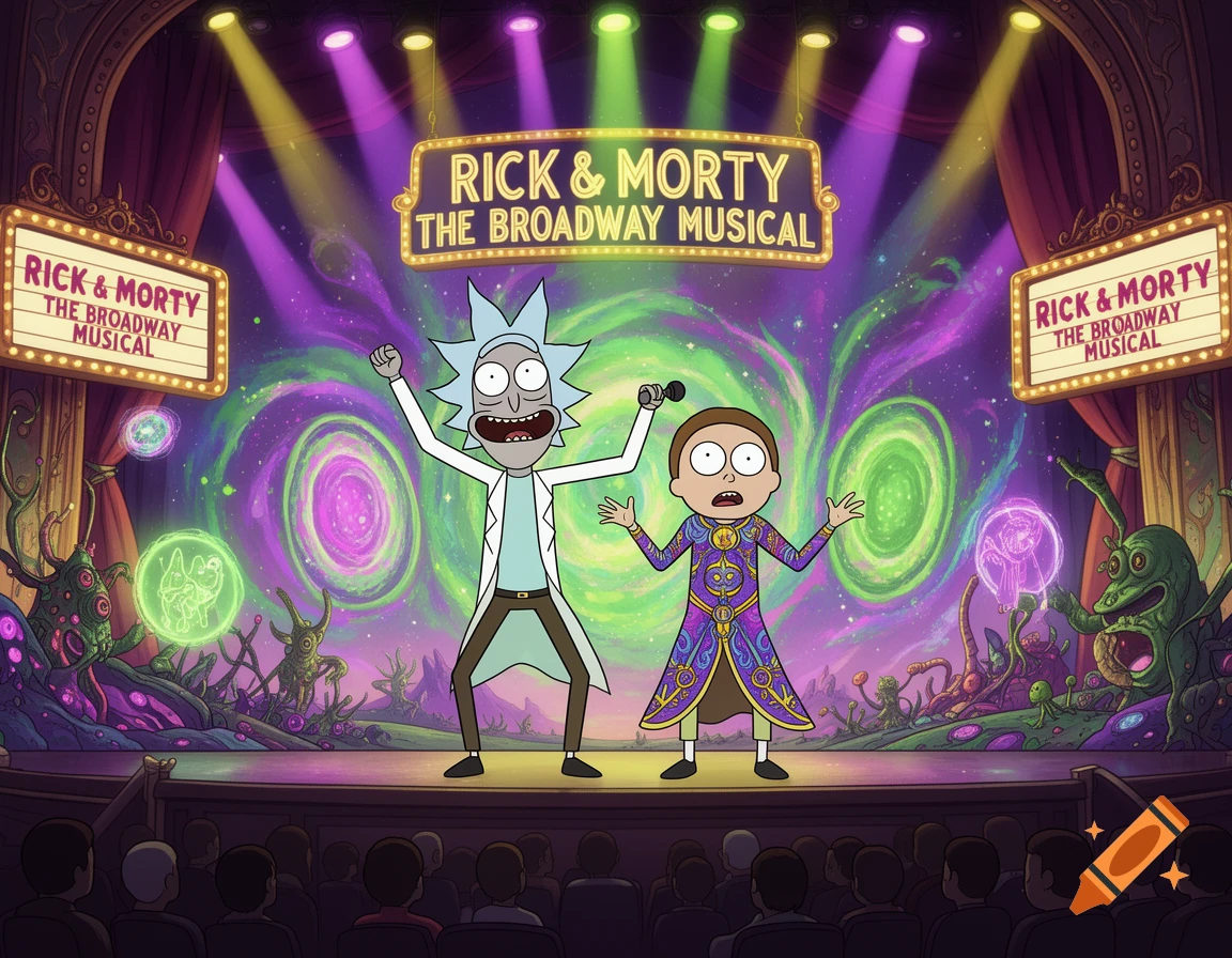 Rick and Morty performing on a colorful stage with glowing portals for 'The Broadway Musical' to an audience.