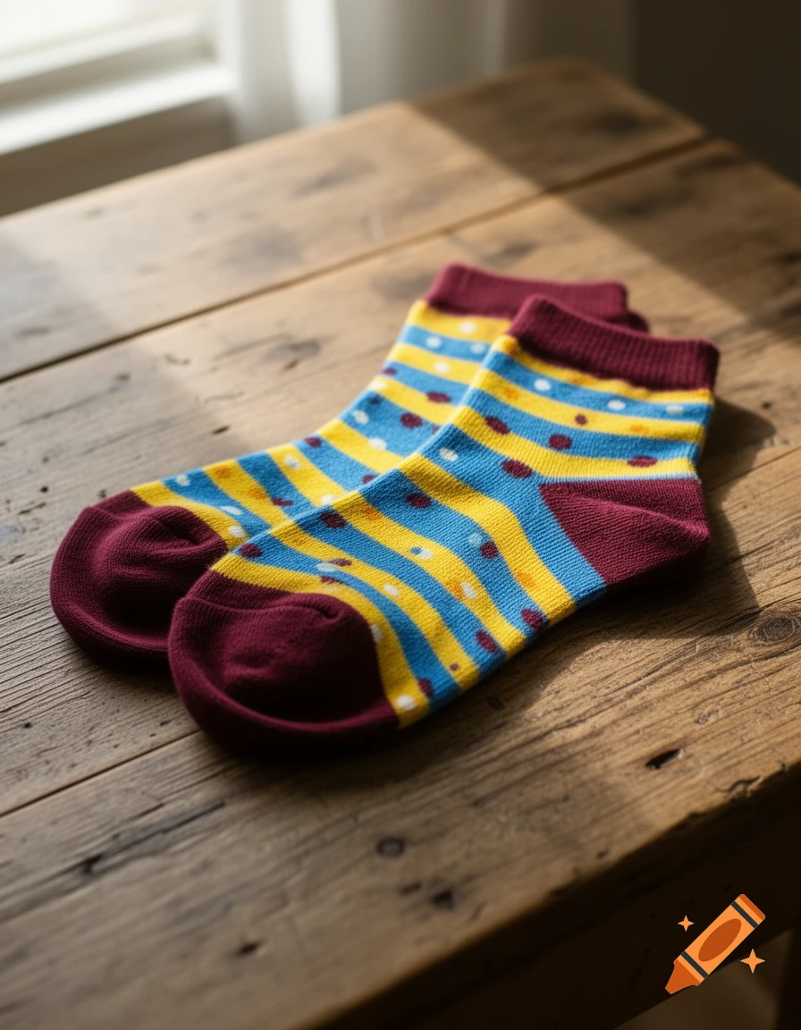 A pair of colorful blue, yellow, and burgundy striped socks with polka dots lying on a rustic wooden table.