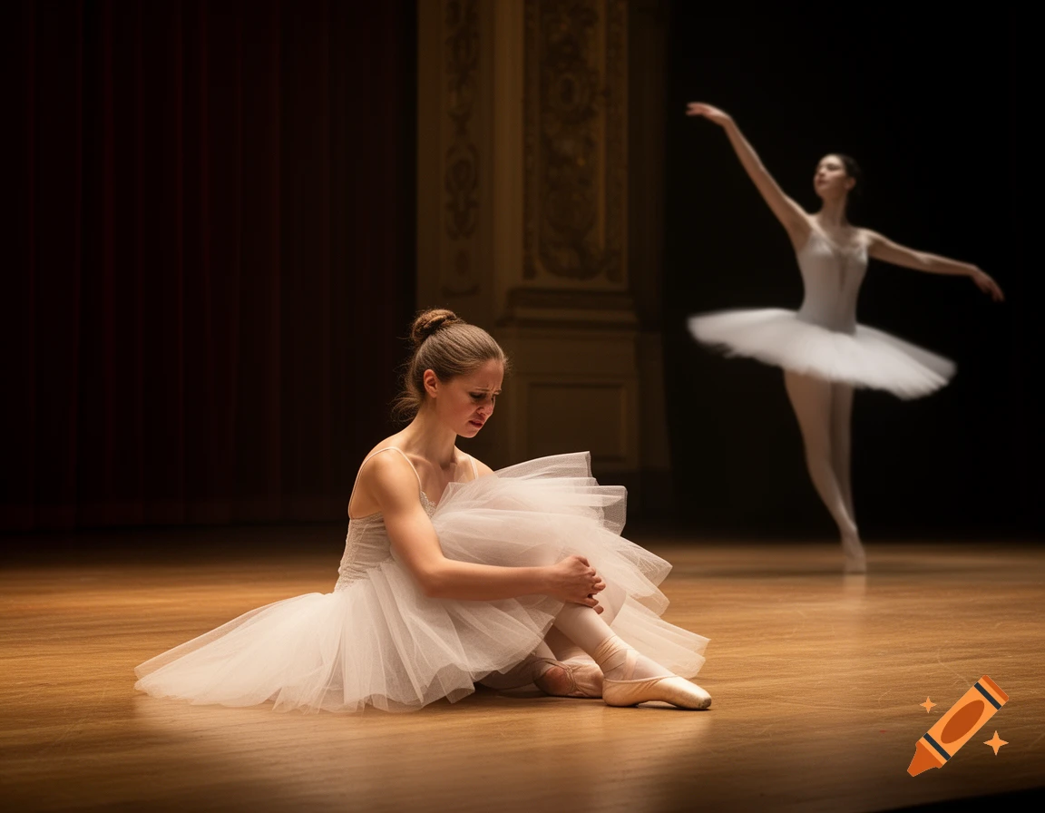 A sad ballerina in a white tutu sits on a wooden stage, holding her leg, while a blurred dancer performs in the background.