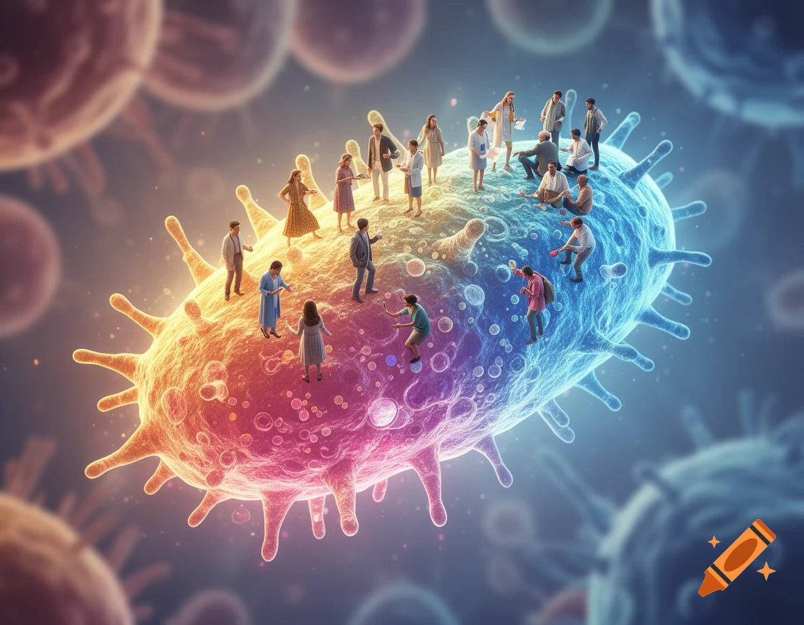 Tiny diverse people stand and interact on the surface of a giant, colorful, spiky microbe.