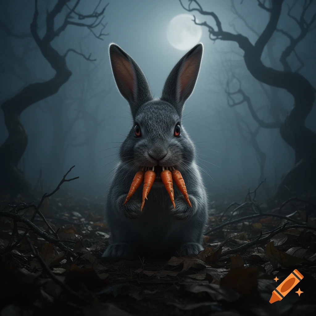 A gray rabbit with glowing red eyes and small carrots for teeth sits in a dark, misty forest under a full moon.