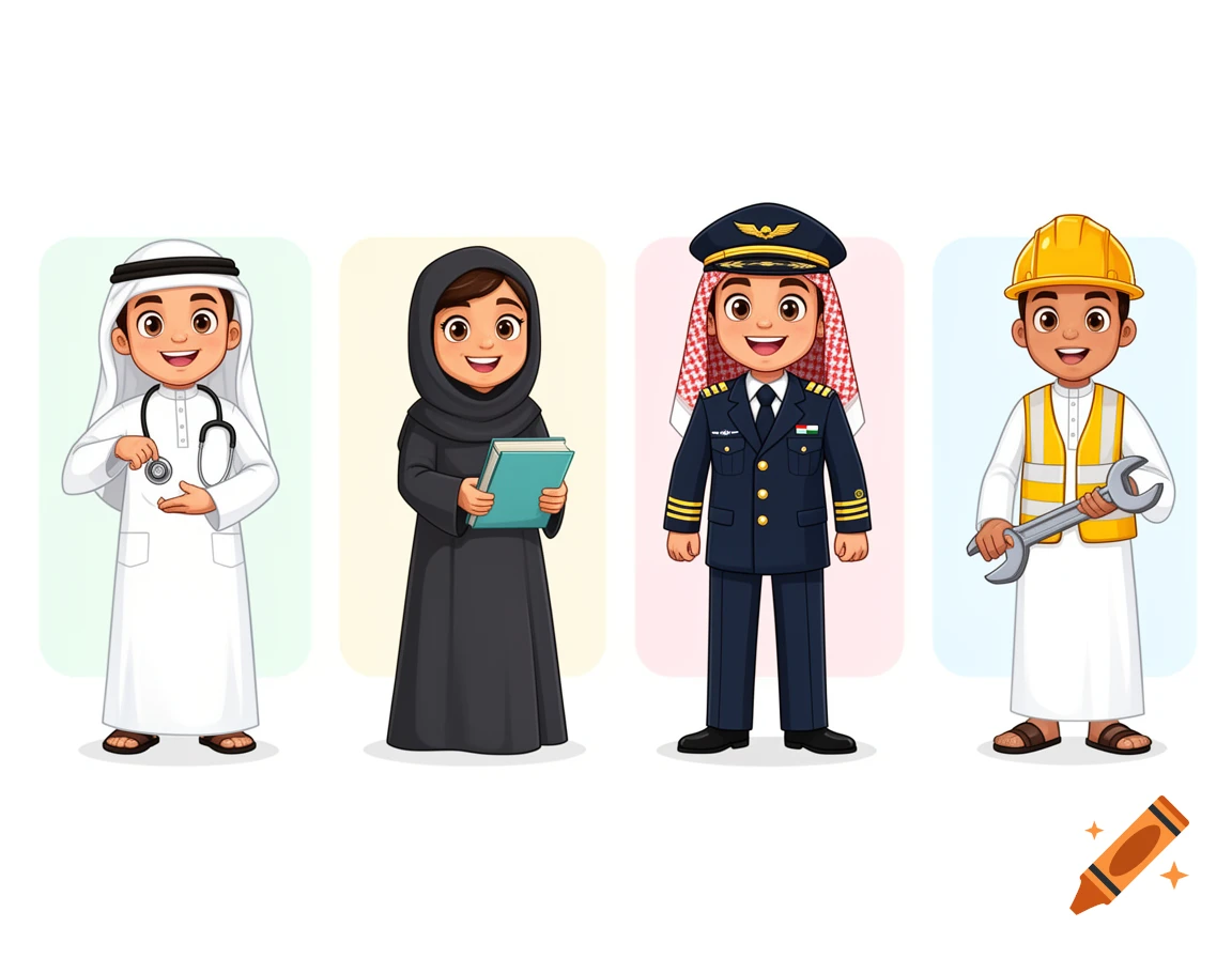 Cartoon illustration of four Emirati professionals: a doctor, teacher, pilot, and engineer, on a clean background.