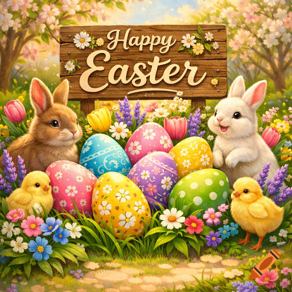 A brown bunny and a white bunny with two yellow chicks sit among colorful Easter eggs and flowers in a field with a 'Happy Easter' sign.