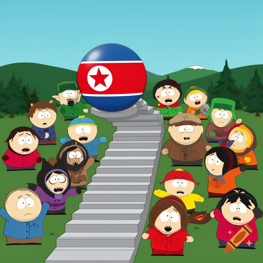 South Park style characters gathered around a staircase leading to a large North Korean flag sphere.