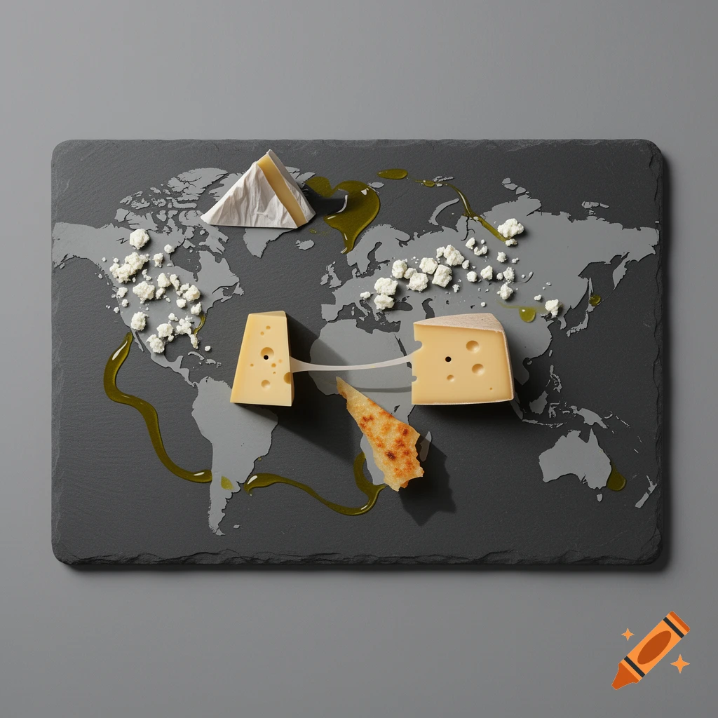 A top-down view of an elegant charcuterie board designed as a world map, featuring various cheeses and olive oil.