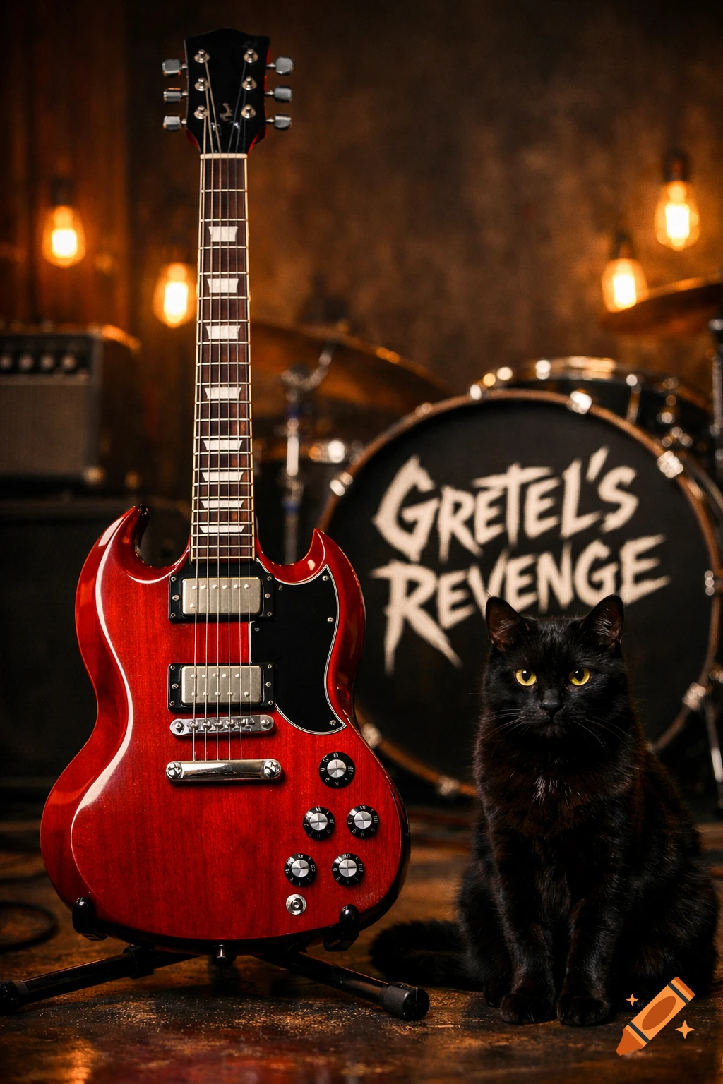 A red electric guitar on a stand beside a black cat with yellow eyes, with a drum set behind it featuring "GRETEL'S REVENGE" on the bass drum.