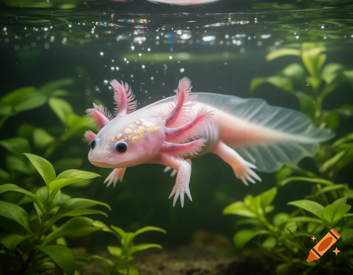 A close-up of a pink axolotl with feathery gills swimming in clear water among green plants, with bubbles on the surface.