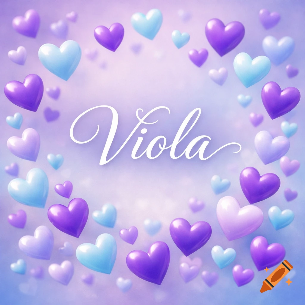 Calligraphic text "Viola" in white, centered amidst a circle of floating glossy purple, light blue, and pink hearts against a soft gradient purple background with bokeh lights.
