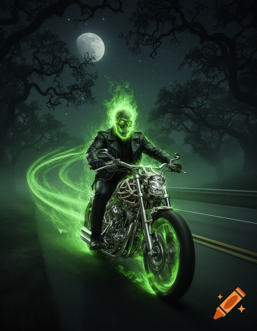 A skeletal Ghost Rider figure with green flames riding a motorcycle on a dark road under a full moon.