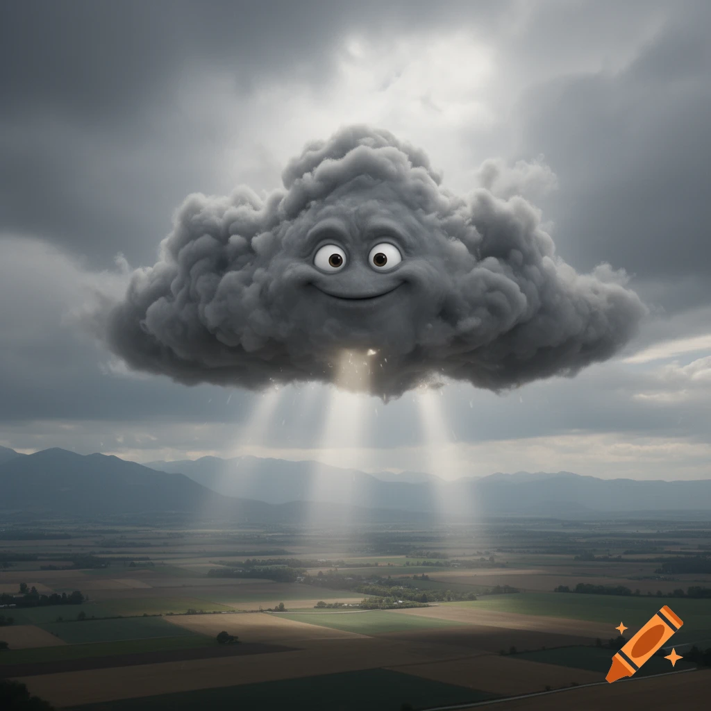 A happy, cartoonish grey storm cloud with big eyes and a smile floats over a green and brown patchwork landscape, raining down shafts of light.