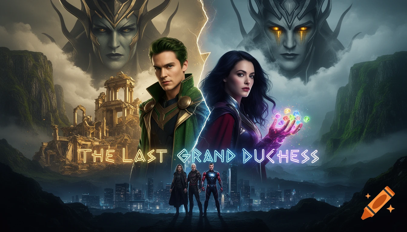 Fantasy movie poster featuring two main characters, a man in green and a woman with glowing hand, split by lightning over ruins, mountains, and a cityscape, with two ethereal faces in the clouds.