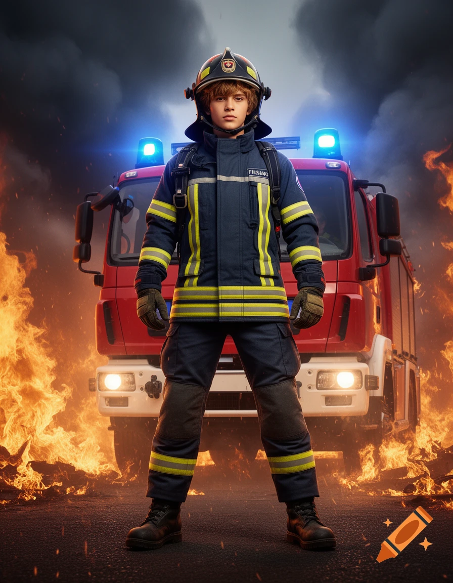 Young firefighter in uniform stands heroically before a red fire truck amidst flames and smoke in a dramatic, ultra-realistic style.