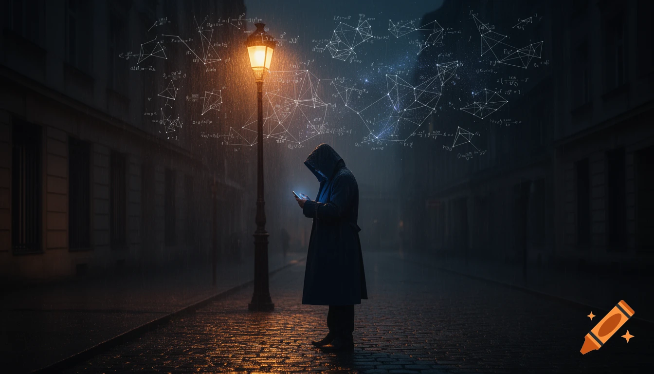 A hooded figure stands under a glowing streetlamp in a rain-soaked city at night, looking at a smartphone. Algorithmic graphs and mathematical symbols float in the dark sky like constellations.