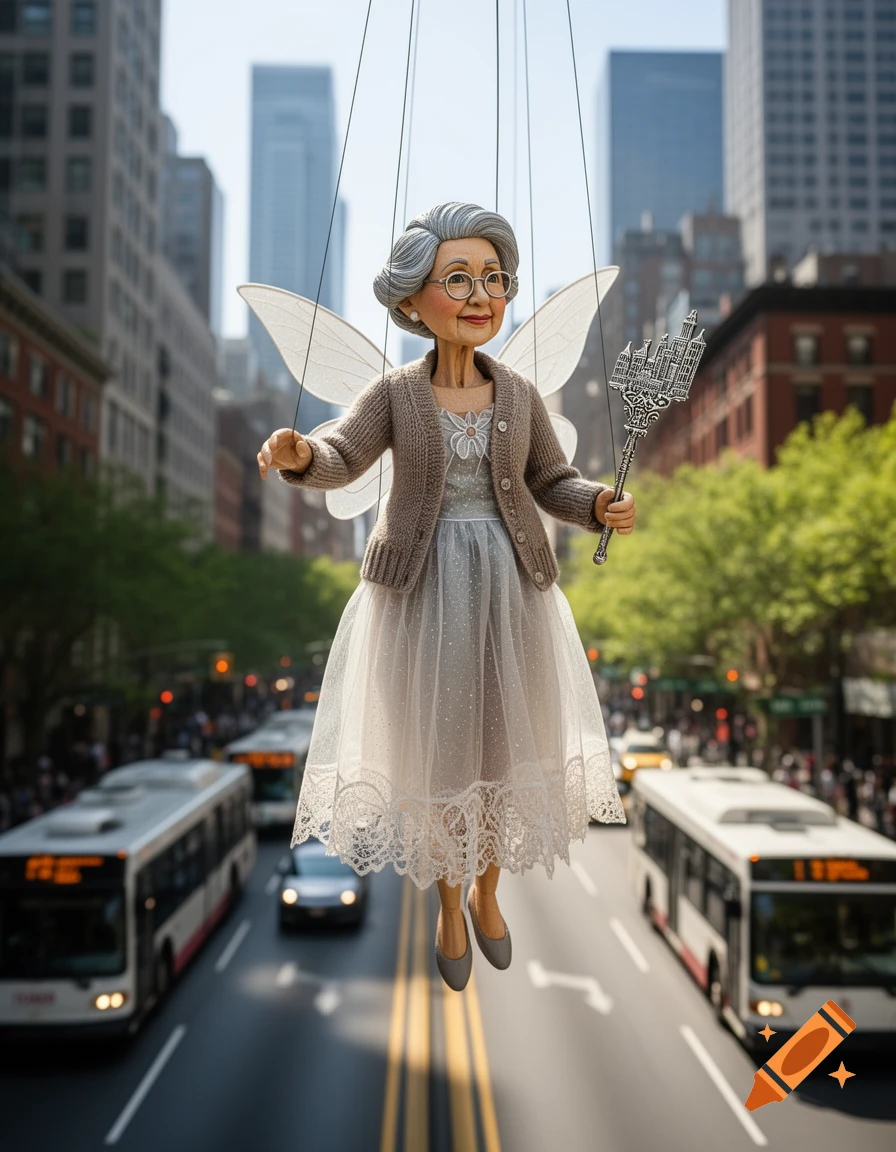 A grey-haired, bespectacled fairy puppet with wings and a scepter floats above a busy city street with buses, in a photorealistic style.