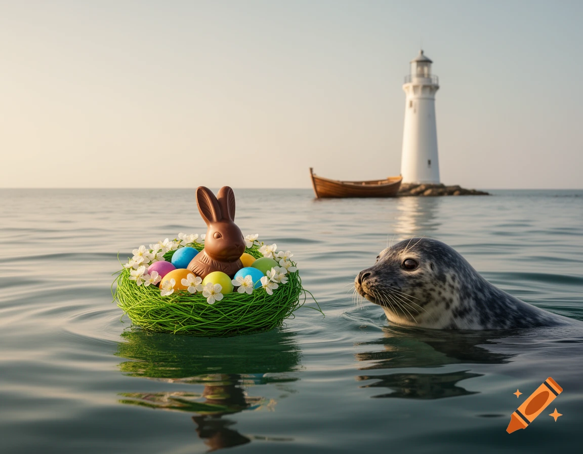 A photorealistic seal swims near an Easter nest with a chocolate bunny and colorful eggs floating on the ocean, with a lighthouse and boat in the background.