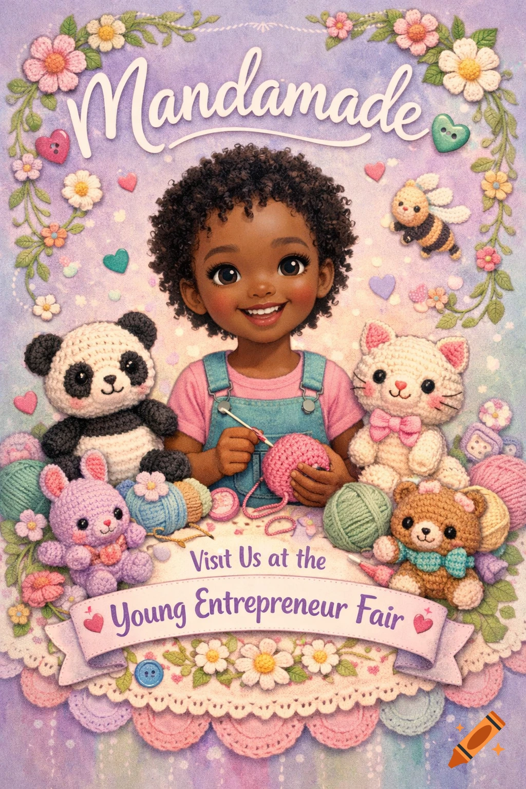 Cute animated African girl crocheting surrounded by crocheted animals and yarn on a pastel poster advertising 'Mandamade' and 'Young Entrepreneur Fair'.