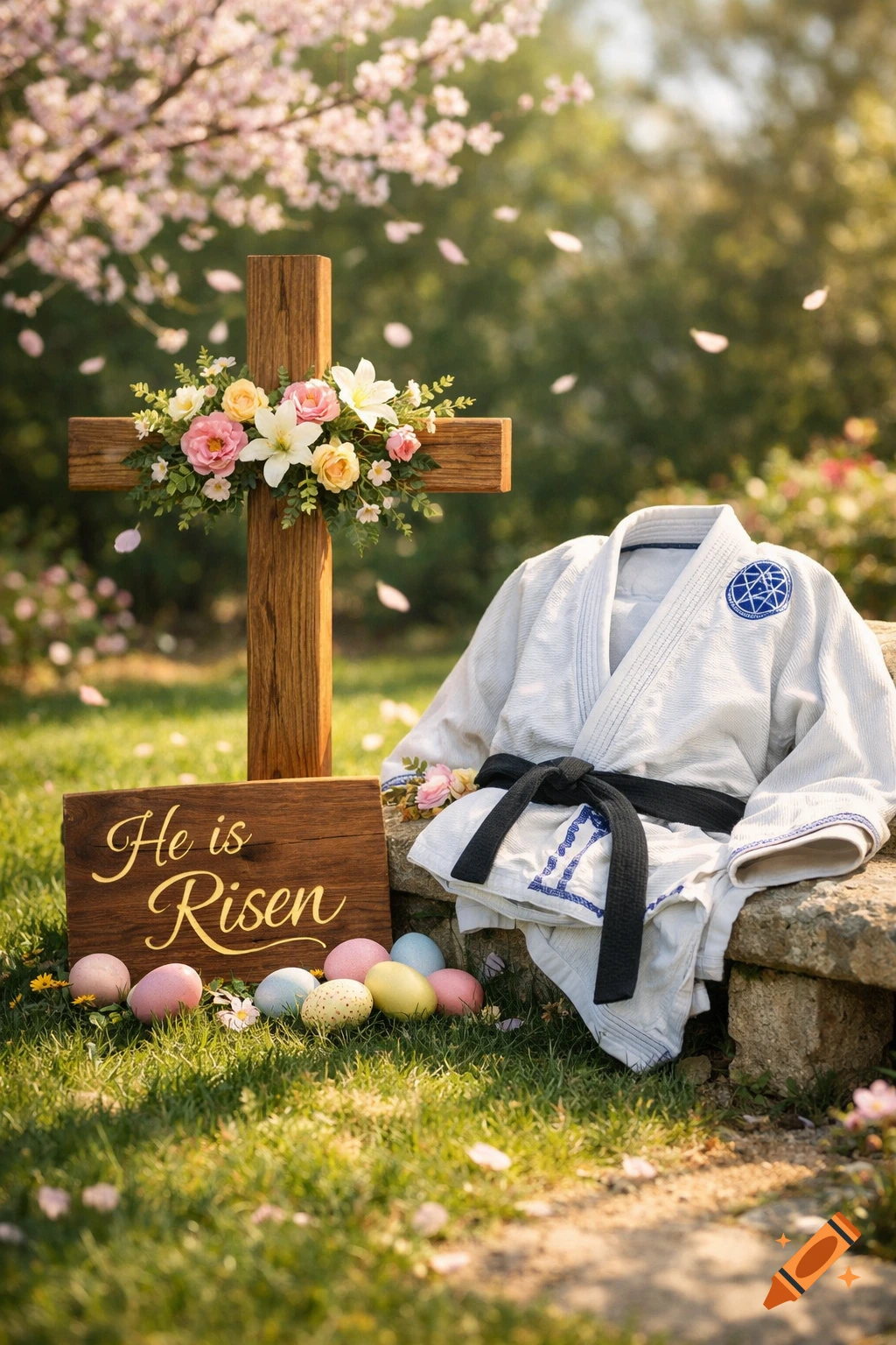 A wooden cross with flowers, a "He is Risen" sign, colorful Easter eggs, and a black belt Jiu-Jitsu gi on grass with falling cherry blossoms.