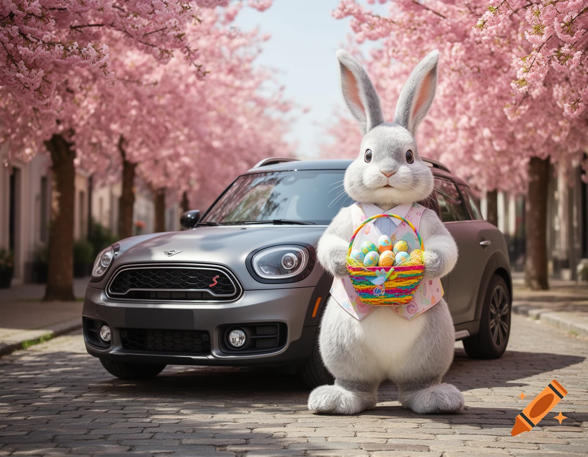 An Easter bunny holds a basket of eggs in front of a gray Mini Cooper on a cobblestone street under pink cherry blossoms.