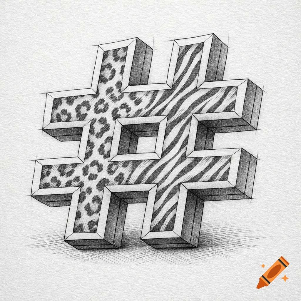 Graphite pencil drawing of an angular hashtag symbol with leopard and zebra animal print patterns.