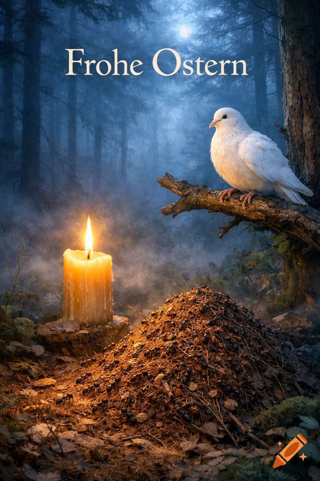 A white dove perches on a branch above a lit candle and anthill in a mystical forest, with 'Frohe Ostern' text.