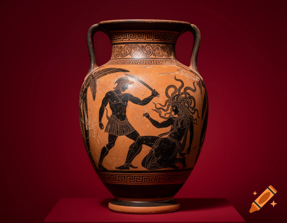 Ancient Greek terracotta vase with black figures depicting Perseus slaying Medusa, on a red background.