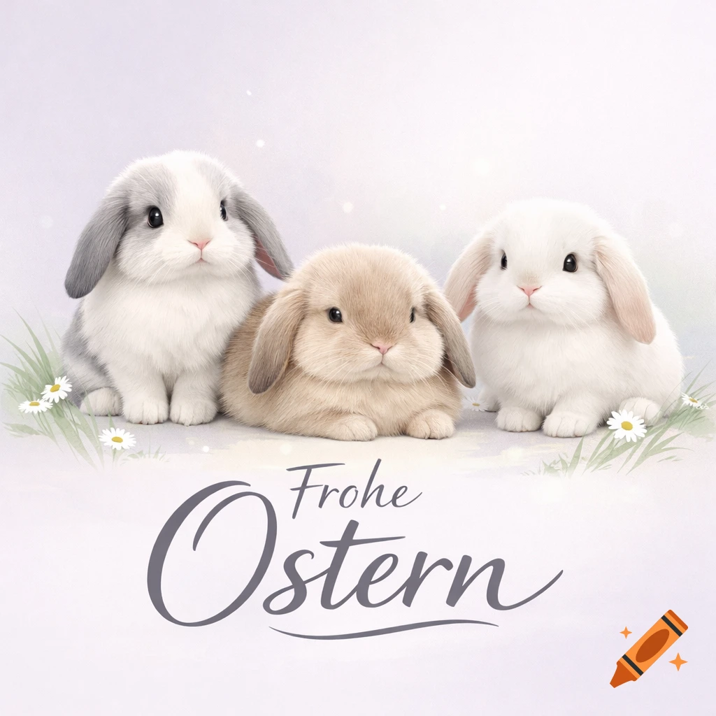 Three photorealistic lop-eared bunnies (gray & white, tan, white) sit on grass with daisies. Text 'Frohe Ostern' below them.