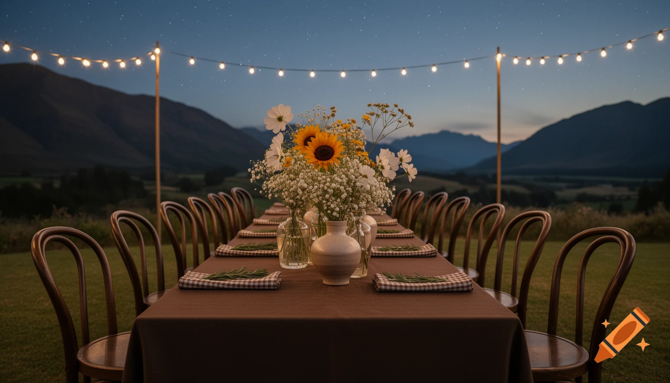 Outdoor dining table at dusk with string lights, a dark brown tablecloth, bentwood chairs, and a floral centerpiece with sunflowers and baby's breath, against mountains.